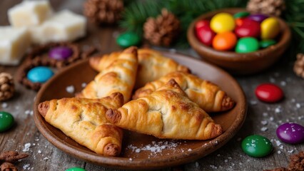 Traditional Purim Gifts Featuring Hamantaschen Cookies and Colorful Candies on a Wooden Table Adorned With Festive Decorations
