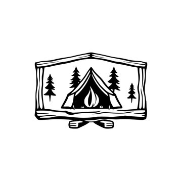 recommend clip art: Rustic camping scene, tent with campfire flame, surrounded by fir trees, framed in a rectangular wood, black ink.