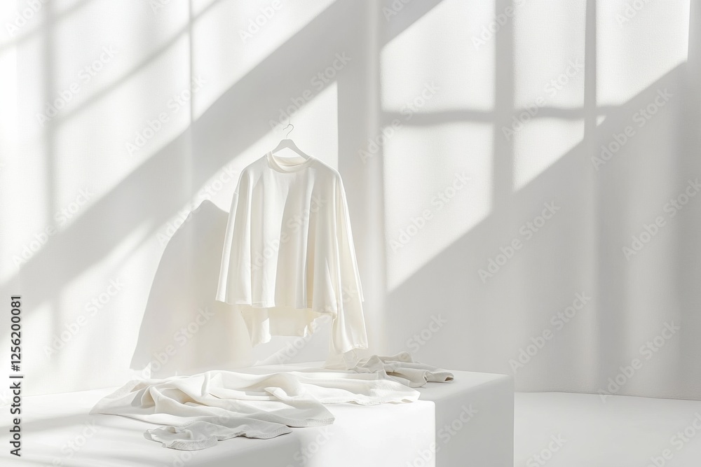Poster Minimalist clothing display with soft shadows on a white neutral background showcasing elegant design and simplicity. Generative AI