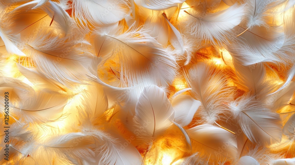 Poster a large number of white feathers scattered across a surface
