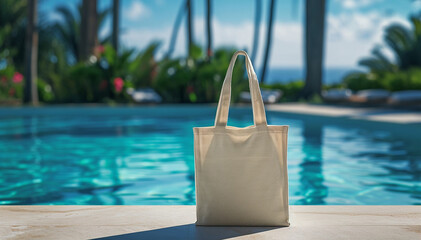 Mockup shopper beach tote bag handbag near swimming pool background. Copy space shopping eco reusable bag. Grocery accessories. Template blank cotton material canvas cloth. Tote bag mockup.