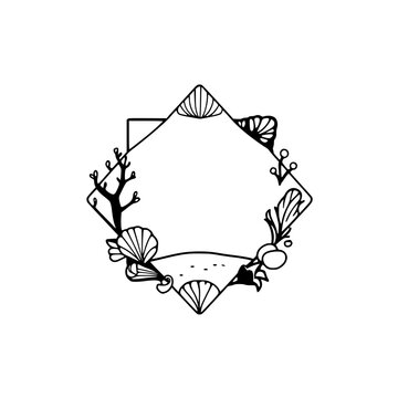 A diamond-shaped frame composed of shells and botanical elements on a plain white background, black ink.