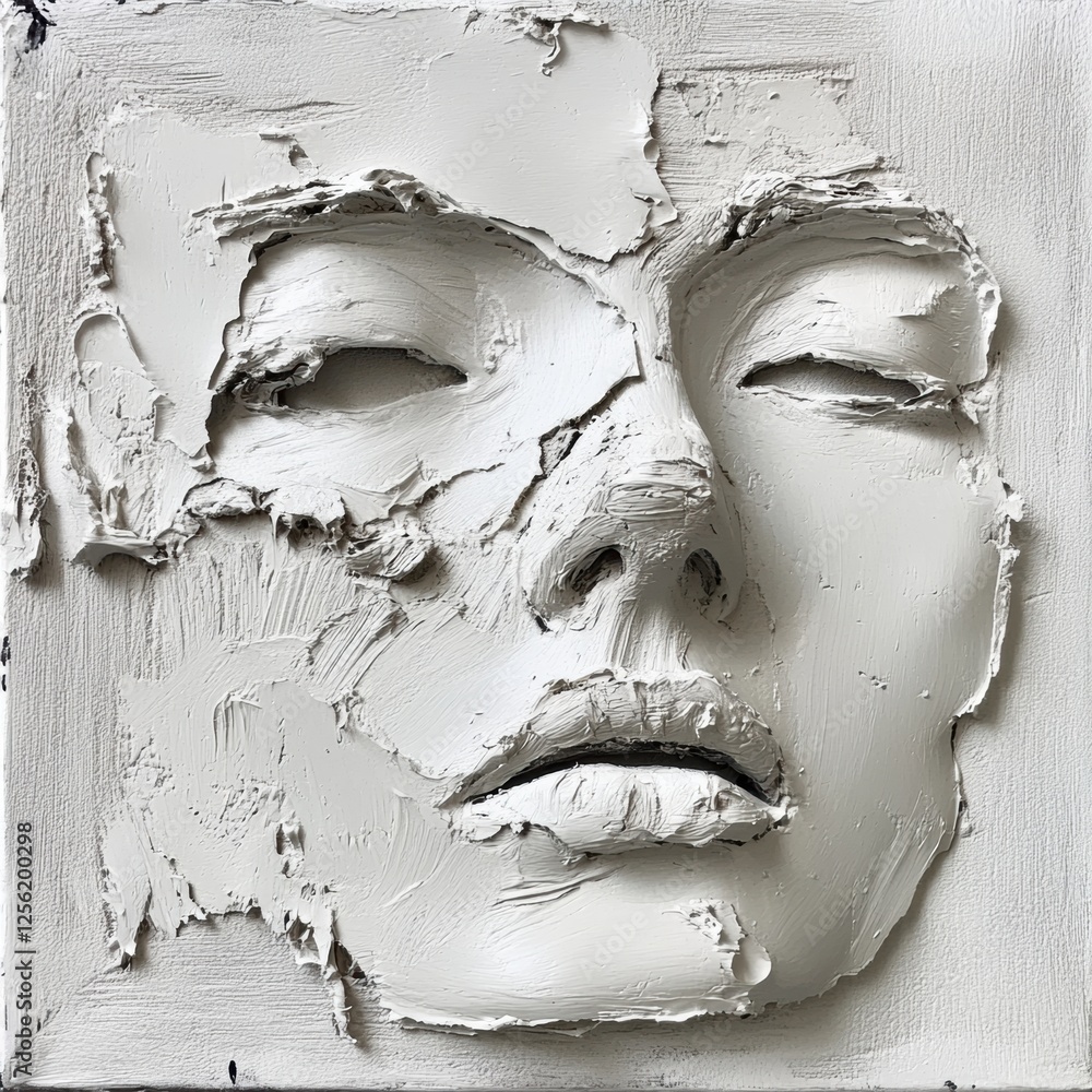 Poster sculptural facial artwork created with textured white medium on a square canvas displayed in an art 
