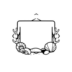 Vector-like Illustration: A black outline of an oval shape with a white center, seashells, and coral framing a frame.