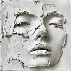 Sculptural facial artwork created with textured white medium on a square canvas displayed in an art gallery. Generative AI