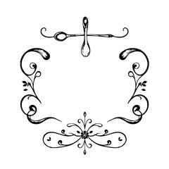 Decorative frame with spoons and floral ornaments on a white background.