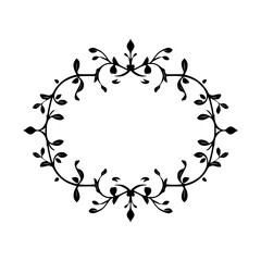 Elegant oval floral frame in black and white, with symmetrical design, showing detailed leaves and branches.