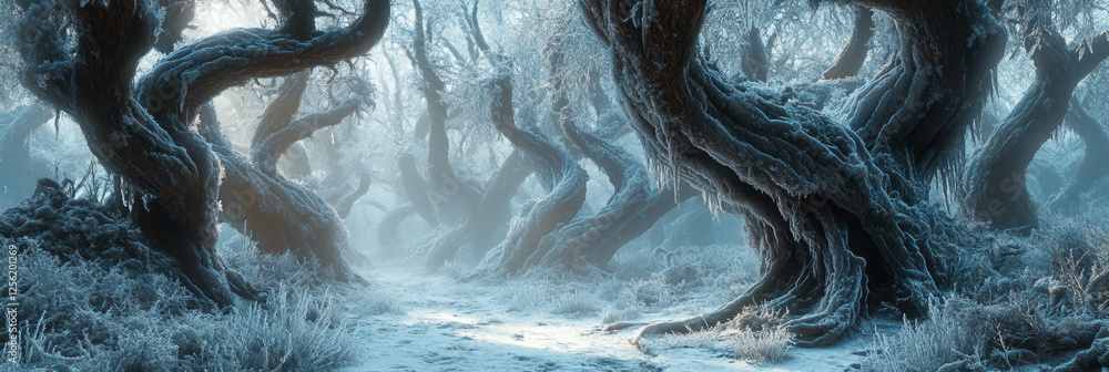 Aufkleber surreal frozen forest with twisted trees and shimmering ice crystals in a bright background
