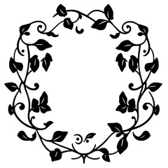 Circular vine wreath with black silhouette of leaves and branches on a white background.