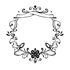 Floral Oval Frame with Ribbon: Classic black and white line art illustration.