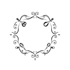 Elegant kitchen artwork: Black ink illustration with utensils in an ornamental floral pattern.