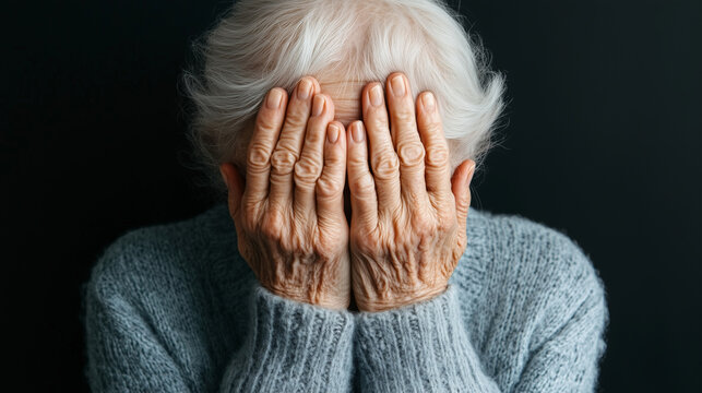 An elderly woman covers her face with both hands, as if she has lost someone or something she loves dearly.  - Powered by Adobe