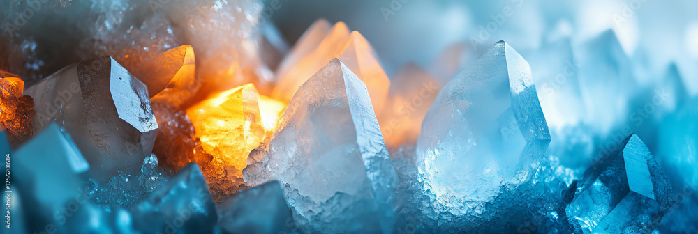 Poster surreal ice caves with glowing crystals and echoing sounds creating a magical atmosphere