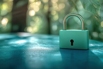 Fototapeta premium Green padlock on blue surface in forest, symbolizing nature security