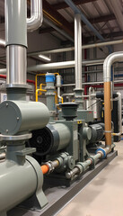 high-pressure pumps engines and pipes, water or wastewater treatment facilities inside or indoors, industrial interior, asian style. with white shades