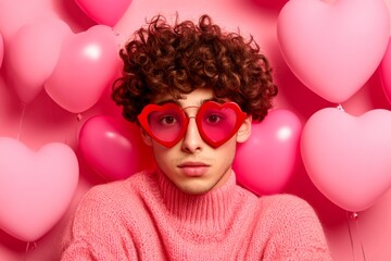 Commercial conceptual art. Love confession. Valentine's day greeting from man or for man: stunning vivid image of loving middle eastern young guy. Passionate man gaze. Heart symbol.