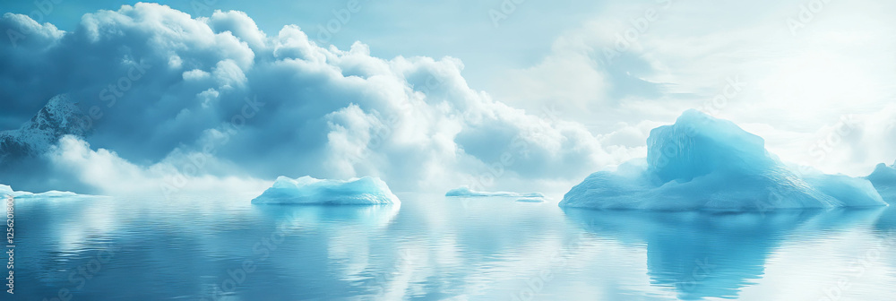 Poster surreal landscape features floating ice islands under ethereal lighting and fog