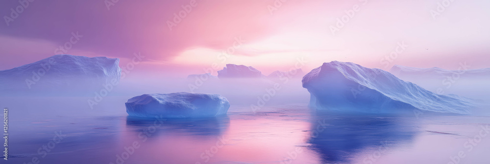 Poster surreal landscape with floating ice islands under ethereal light and soft fog