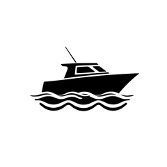 Black and white image of a speedboat in calm water. Illustrative style.