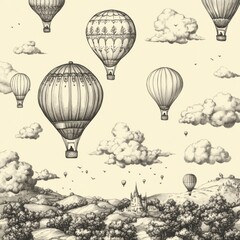 Obraz premium Vintage Style Hot Air Balloons Floating Over a Scenic Landscape in Black and White Illustration