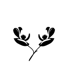 Black and white symmetric floral design with stylized flower petals and branch on white background.
