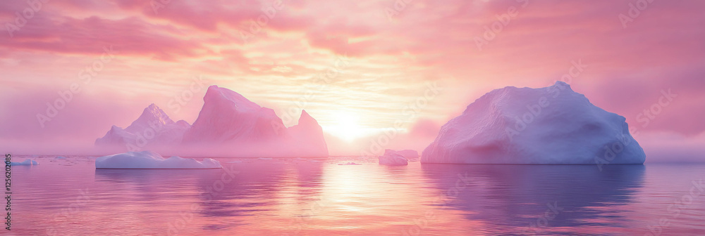 Aufkleber surreal landscape with floating icebergs under ethereal lighting and dense fog at dusk