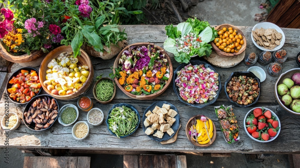 Poster Vibrant Array of Fresh and Colorful Vegetables and Fruits on Table