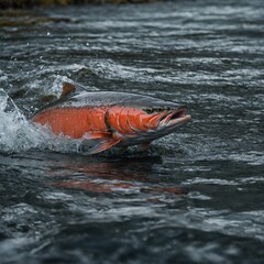 fish in a pond Wild Alaska salmon  Wild Alaska salmon  Starved fishes Salmón saltando en rio camino a desobar Salmon jumping upstream during spawning season, symbolizing resilience.