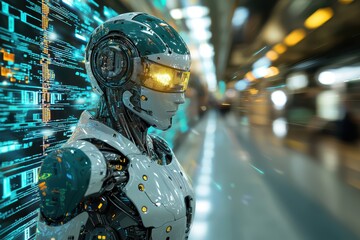 Humanoid robot glowing softly high fidelity environment futuristic technology abstract viewpoint digital concept
