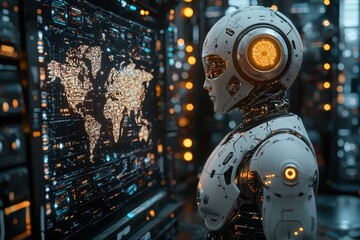 Fototapeta premium Humanoid robot analyzing global data futuristic lab digital art high-tech environment side view innovation