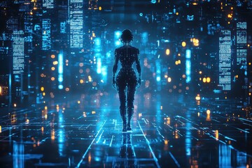 Humanoid robot walking through a futuristic cityscape digital environment sci-fi concept glowing figure urban setting