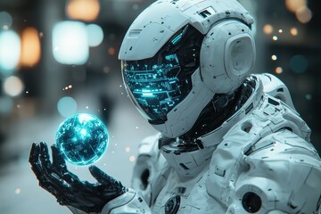Fototapeta premium Humanoid robot holding glowing ai core futuristic laboratory digital artwork high-tech environment close-up view innovation concept