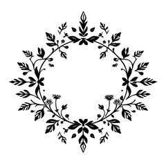 Elegant Floral Wreath: A monochromatic drawing of leaves and flowers arranged in a circle.