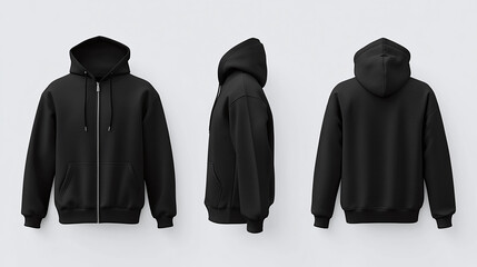 Pullover zip-up black hoodie mockup back, front and side view isolated on white background for brand presentation.