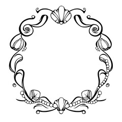 Black-and-white circular border frame with seashells, pearls, and stylized floral embellishments.