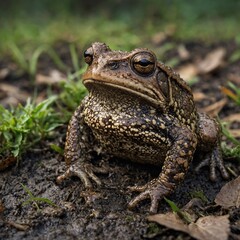 Obraz premium Frog CloseUp Focus on a toad camouflaged in the undergrowth. Close-Up of a Leopard Frog in Nature A curious toad hopping through a garden.
