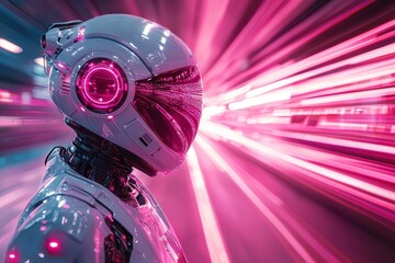 Fototapeta premium Humanoid robot under glowing data stream futuristic environment high fidelity visuals technology concept