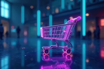 A miniature shopping cart glows with vibrant neon light, reflecting on a sleek, modern floor in a stylish retail environment, symbolizing futuristic consumerism and online shopping trends.