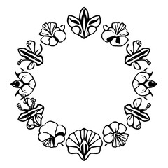 Floral wreath circle with black and white flowers and foliage in a minimalist style.