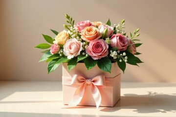 A delicate arrangement of pastel roses nestled in a blush-colored gift box, adorned with a satin ribbon bow, bathed in soft sunlight.
