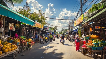 Fototapeta premium Vibrant Market Scene with Bicycles in a Lively Tropical Setting