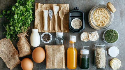 A kitchen countertop with various green and beige containers, a wooden cutting board, utensils in a holder, and fresh herbs. The scene is well-organized and aesthetically pleasing, showcasing practica