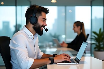 Happy Male Customer Service Representative Working on Laptop