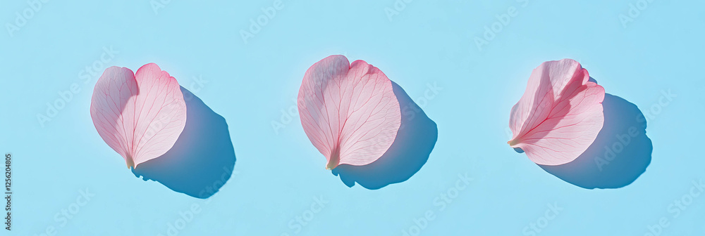 Poster delicate arrangement of three sakura petals on a vibrant blue background with sharp shadows