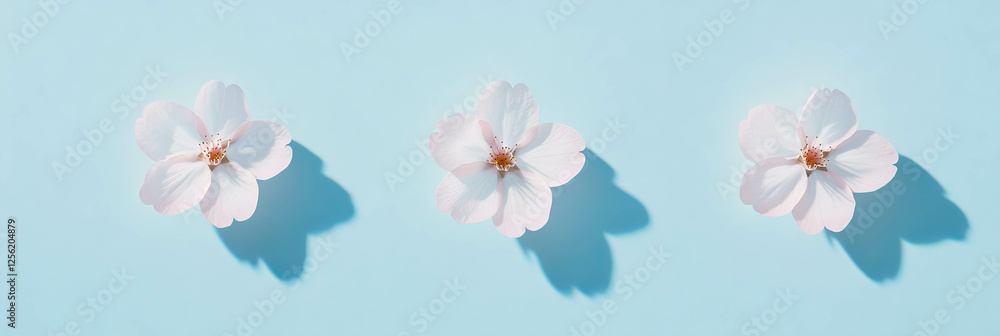 Poster three pink sakura petals in a triangle on light blue background with sharp shadows