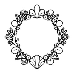 Intricate circular frame, containing symmetrical array of drawn seashells and coral