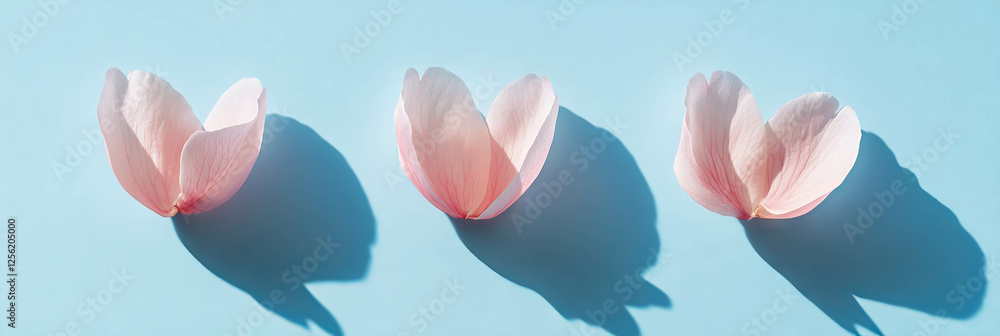 Poster three sakura petals arranged in a triangle casting sharp shadows on a light blue backdrop