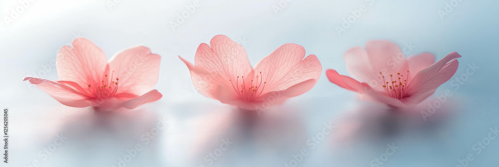 Poster three sakura petals elegantly float on a soft silver background for a serene banner design