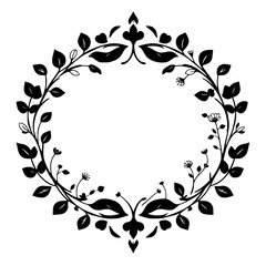 Black and white floral frame of leaves and flowers, oval shape.