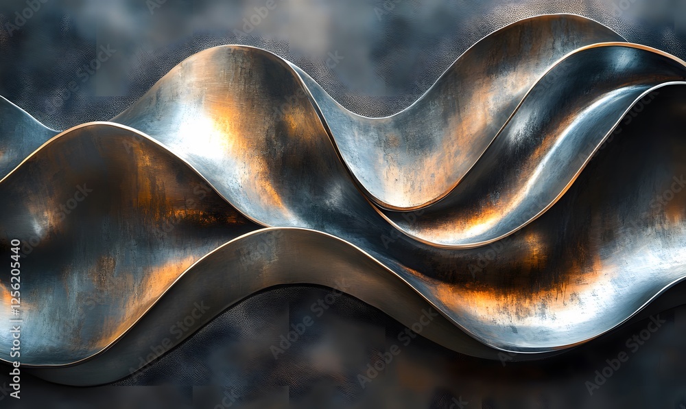 Poster abstract metallic waves with a textured background evoking fluid motion and depth